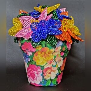 Summer Blooms Decoupage Pot filled with French Beaded Flowers---Small